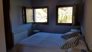 niebieska sypialnia z łóżkiem i dwoma oknami w obiekcie Casita Junto al Río Deva w mieście Vilde