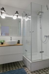 a bathroom with a shower and a sink at Welcome in - Ferienwohnung 'Tremonia', gegenüber der Piste mit Balkon in Winterberg +78 photos