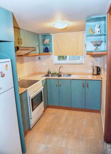 a kitchen with blue cabinets and a white refrigerator at Haraki Village in Haraki