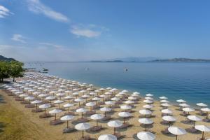 a row of umbrellas on a beach with the water at Akrathos Beach Hotel in Ouranoupoli