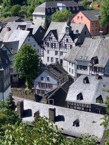 una vista aérea de una ciudad con casas y tejados en Manoir -1654- historisch schlafen in Monschaus Altstadt, en Monschau