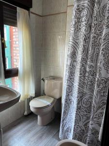 a bathroom with a toilet and a sink and a shower curtain at Hotel Ovetense in Oviedo