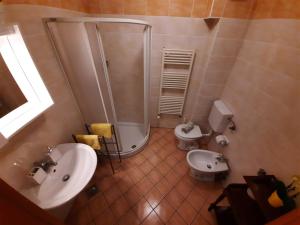 Apartment Honey Bee with SAUNA في كوباريد: حمام مع دش ومغسلة ومرحاض
