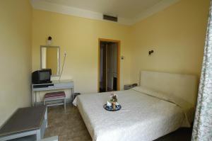 a bedroom with a bed and a desk and a television at Ilis Hotel in Olympia