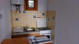a small kitchen with a stove and a sink at Cozy Studio #2, with terrace in 2 Mai