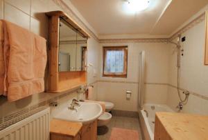 a bathroom with a sink and a toilet and a mirror at Apartments Nadia in San Vigilio Di Marebbe