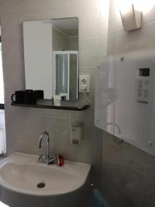 a bathroom with a sink and a mirror at Apartment Fon in Blejska Dobrava