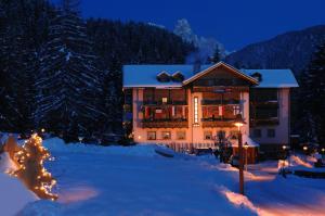 プレダッツォにあるHotel Canadaの雪中のクリスマスツリーのある大きな建物