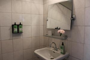 een witte badkamer met een wastafel en een spiegel bij B&B Helene Hoeve in Venhorst