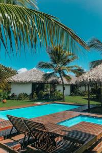 阿欽斯的住宿－Atins Charme Chalés，一个带椅子和棕榈树的度假游泳池