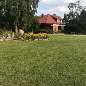 a house with a yard with a lawn with flowers at Noclegi na Mazurach. in Olsztynek