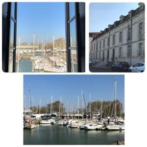 two pictures of a marina with boats in the water at La Fayette 2*, Meublé tout confort avec vue sur le port in Rochefort