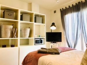 Schlafzimmer mit einem Bett, einem TV und Regalen in der Unterkunft Sweet & cosy room next to the beach in Viareggio