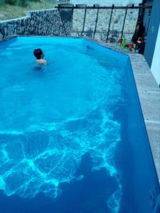 a person swimming in a large blue swimming pool at A Queijaria in Barreira