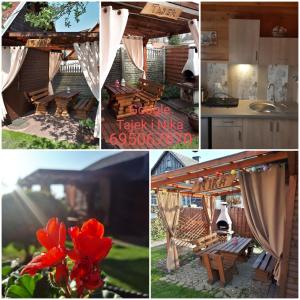 a collage of photos with a picnic table and a kitchen at Tajek in Stegna