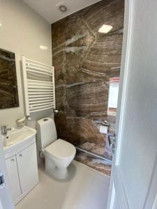 La salle de bains est pourvue de toilettes et d'un lavabo. dans l'établissement Jurmala Guest House Markiza, à Jurmala