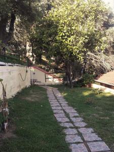 un sentiero in pietra in un cortile con un albero di Villa Regina a Barbati