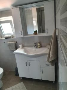 ein weißes Badezimmer mit einem Waschbecken und einem Spiegel in der Unterkunft Apartments Stella in Zaboric
