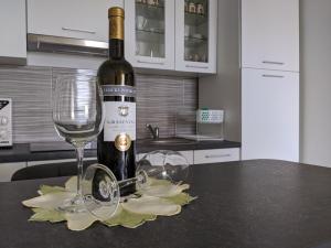 eine Flasche Wein und ein Glas auf der Theke in der Unterkunft Apartments Stella in Zaboric