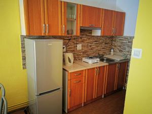 a kitchen with wooden cabinets and a refrigerator at Pokoje nad strumykiem w Polanczyku tel 13- 469 -2257 in Polańczyk