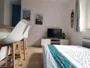 een slaapkamer met een bed en een stoel en een tv bij By'Ona Marquisat au calme à 2 pas de l'Adour in Bayonne