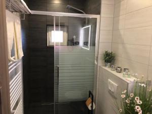 una doccia con porta in vetro in bagno di Luxury rooms Lira a Ogulin