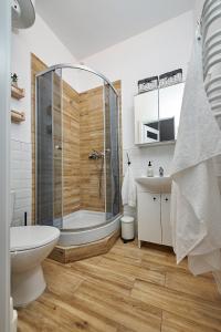 een badkamer met een douche, een toilet en een wastafel bij Komfortowo Plus in Gdynia