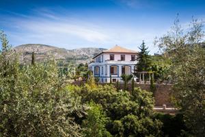 una grande casa bianca con montagne sullo sfondo di Casa Amparo - Alquiler íntegro con encanto en Alicante ad Alcoleja