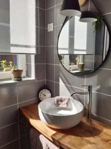 a bathroom with a white sink and a mirror at La Cour in Charleville-Mézières