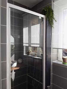 a bathroom with a glass shower with a sink at La Cour in Charleville-Mézières