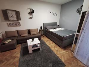een woonkamer met een bank en een bed bij TIME KEEPER - SELF check in in Osijek