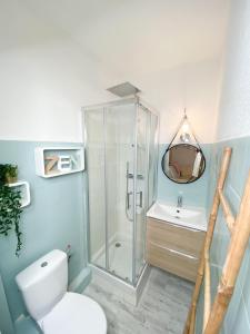 La salle de bains est pourvue d'une douche, de toilettes et d'un lavabo. dans l'établissement Studio terrasse Sanary centre ville rue piétonne, à Sanary-sur-Mer