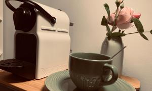 a coffee maker and a cup and a vase with a flower at Oldenburger Mühle in Oldenburg