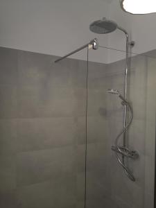 a shower with a glass door with a shower head at Westliche Höhe in Flensburg