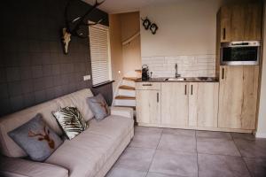 uma sala de estar com um sofá e uma cozinha em De Verloren Sinjoor em Bladel