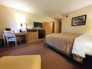 a hotel room with a bed and a desk with a computer at AmeriVu Inn and Suites - Waconia in Waconia