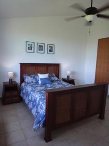 1 dormitorio con 1 cama y ventilador de techo en Stunning Sunset View, Walking distance to private beach, en Cabo Rojo