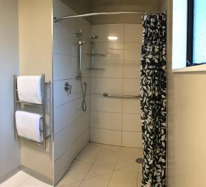 a bathroom with a shower with a glass door at Adelaide Motel in Wellington +3 photos