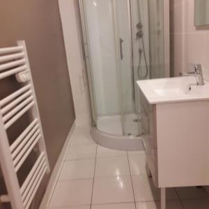 a white bathroom with a shower and a sink at Maison de malbrouck in Merschweiller