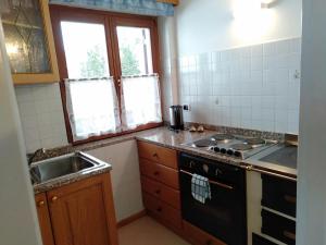 a kitchen with a sink and a stove top oven at Schornhof in Aldino