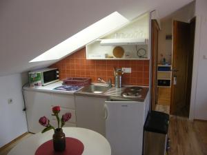 a small kitchen with a sink and a table at Apartment Mamut in Premantura