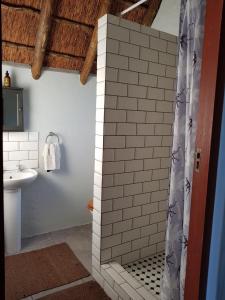 uma casa de banho com um chuveiro e um lavatório. em Camp Acacia em Paterson