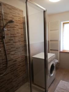 a bathroom with a shower and a washing machine at Cesa de Conesel in Colle Santa Lucia