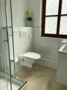 a white bathroom with a toilet and a window at A Lotus Hotel in Böblingen
