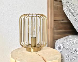 a gold cage lamp on a wooden table next to a bed at Studio en face Hopital Nord avec terrasse in Saint-Priest-en-Jarez