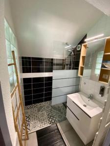 y baño con lavabo blanco y ducha. en Les Barongères, en Farges-lès-Chalon