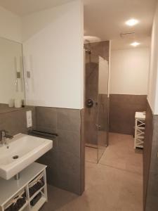 La salle de bains est pourvue d'un lavabo et d'une douche. dans l'établissement exklusives Studioapartment - in traumhafter Lage direkt am Halensee, à Berlin
