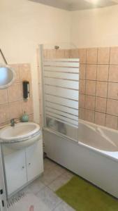 a bathroom with a shower and a sink and a tub at le clermontain in Les Clérimois