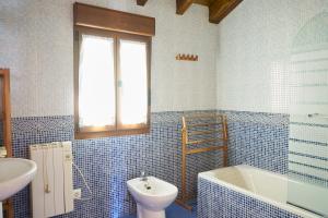 ein blau gefliestes Bad mit einem Waschbecken und einem WC in der Unterkunft San Pedro Villoria in Pola de Laviana