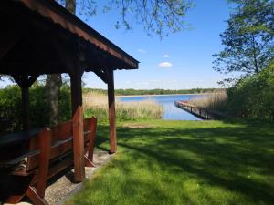 a bench in the grass next to a lake at Agroturystyka nad Jeziorem Orłowskim in Wielgie
